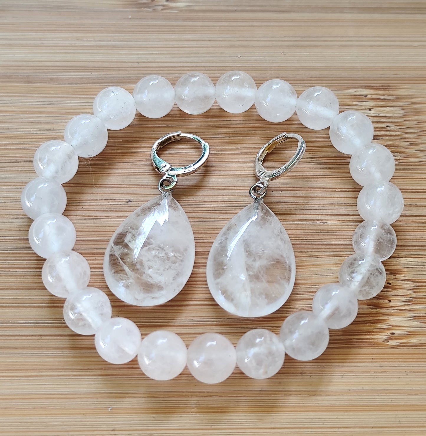 2er Set Naturstein Edelstein Quarz weiss Armband + Ohrringe 925 Silber Nr.78