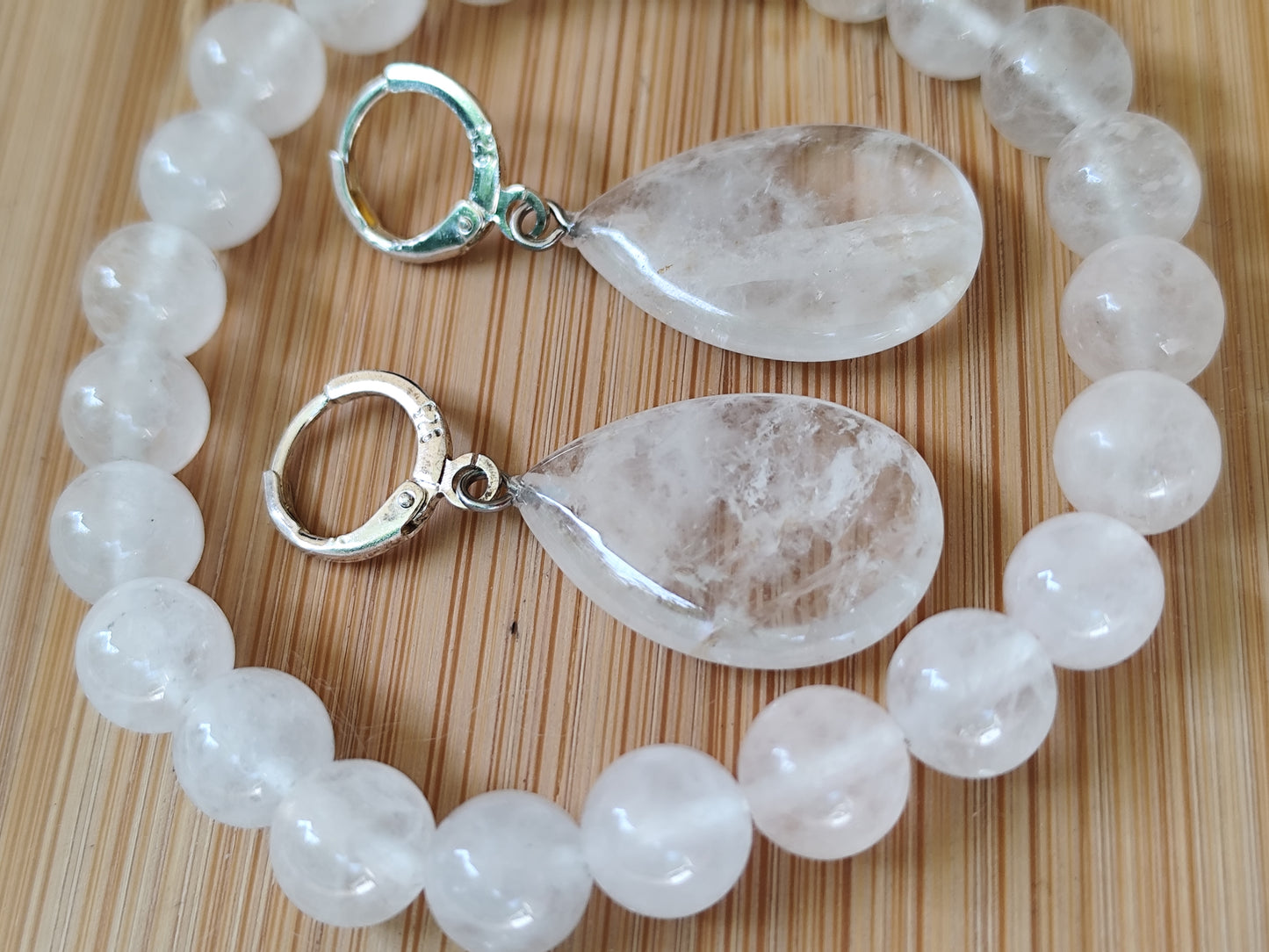 2er Set Naturstein Edelstein Quarz weiss Armband + Ohrringe 925 Silber Nr.78