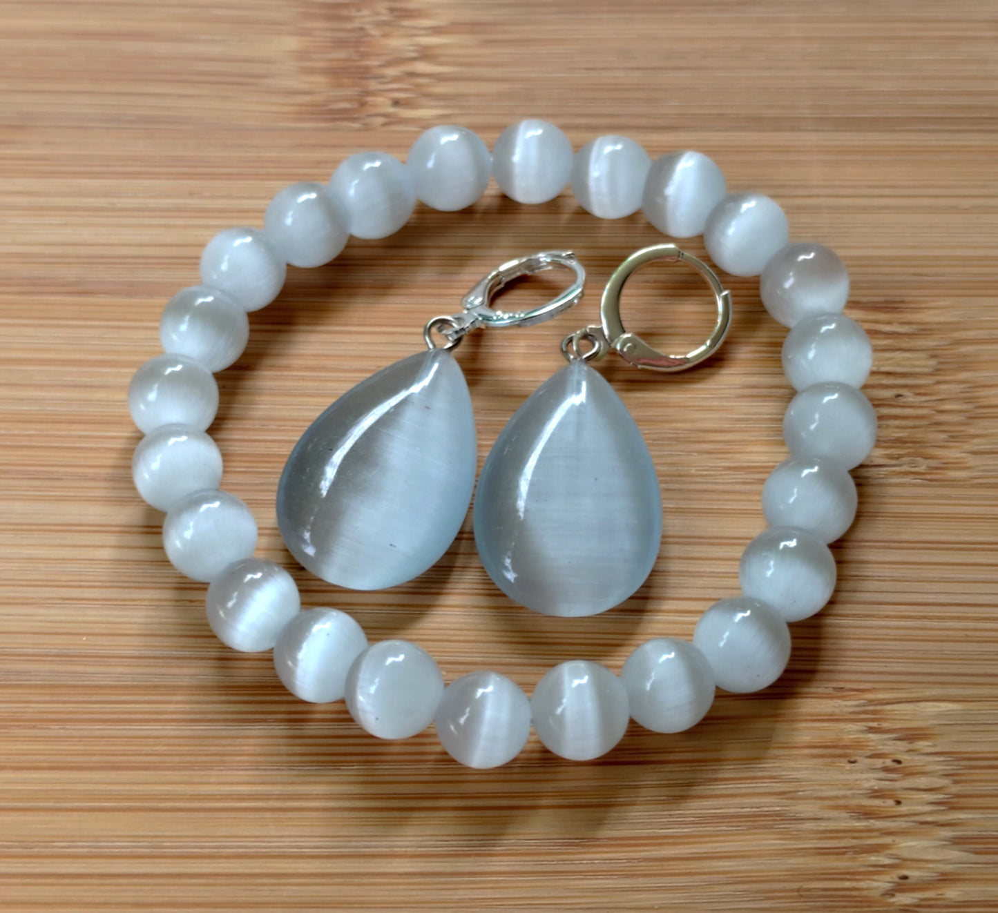 2er Set Naturstein Edelstein Katzenauge weiss Armband + Ohrringe 925 Silber Nr.79
