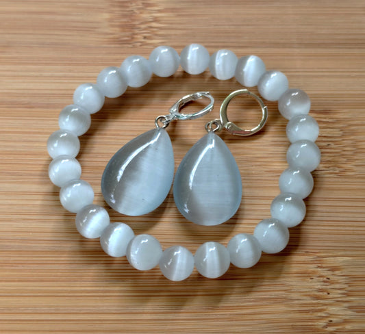 2er Set Naturstein Edelstein Katzenauge weiss Armband + Ohrringe 925 Silber Nr.79