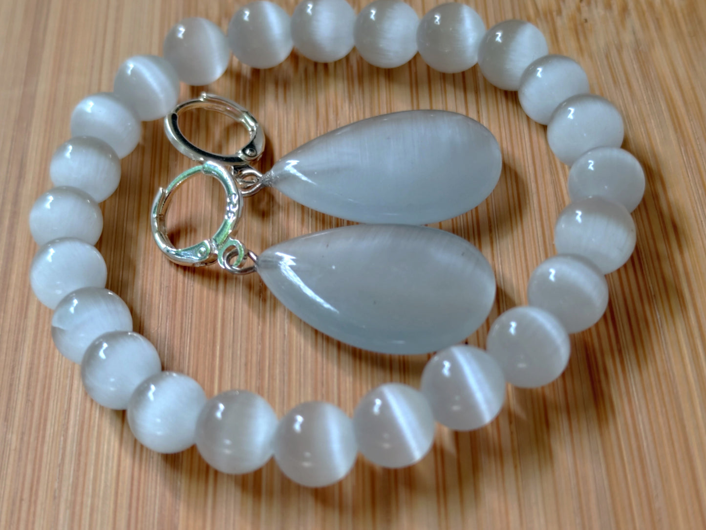 2er Set Naturstein Edelstein Katzenauge weiss Armband + Ohrringe 925 Silber Nr.79