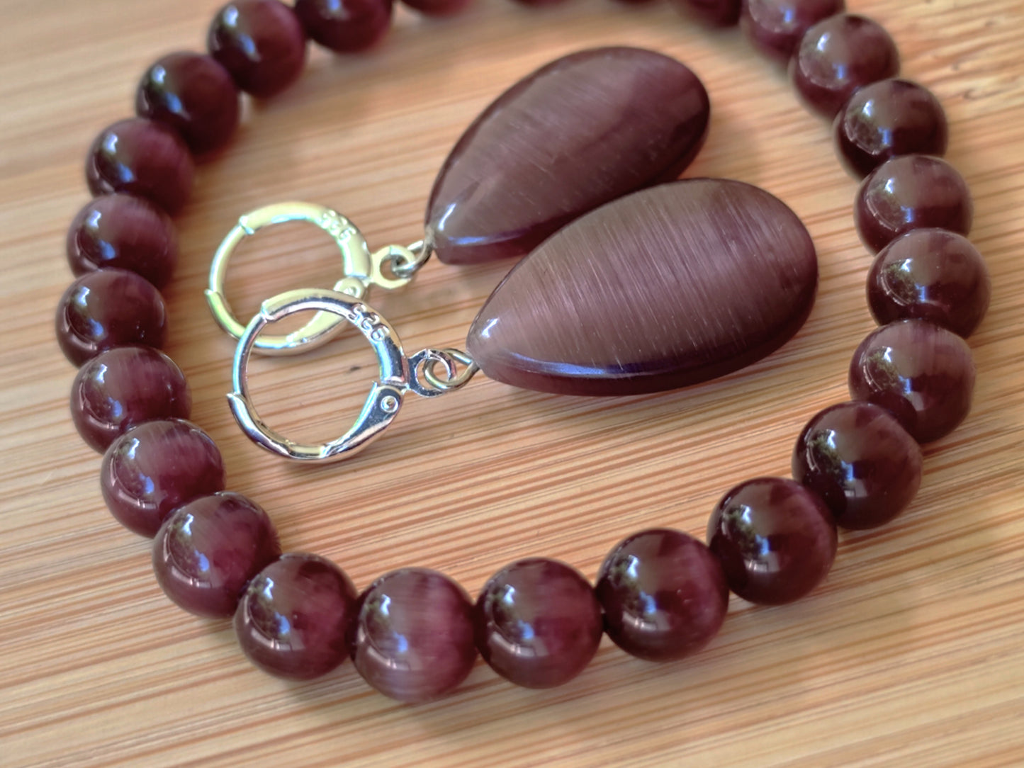 2er Set Naturstein Edelstein Katzenauge lila Armband + Ohrringe 925 Silber Nr.80