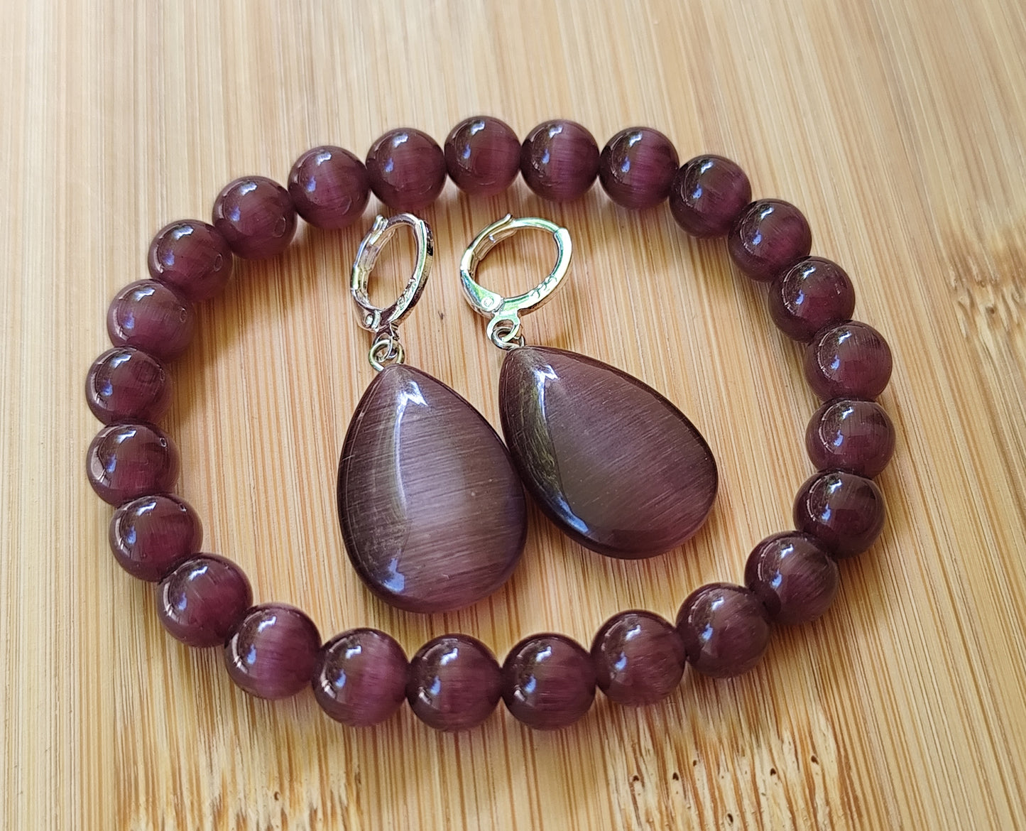 2er Set Naturstein Edelstein Katzenauge lila Armband + Ohrringe 925 Silber Nr.80