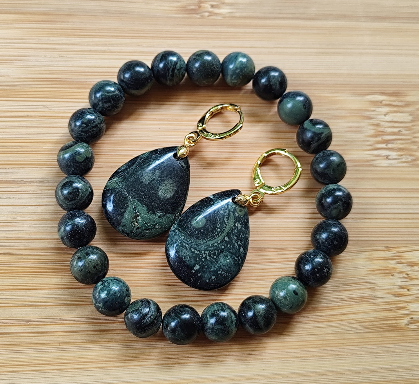 2er Set Naturstein Edelstein Kambaba Jaspis Armband + Ohrringe 18K vergoldet Nr.84