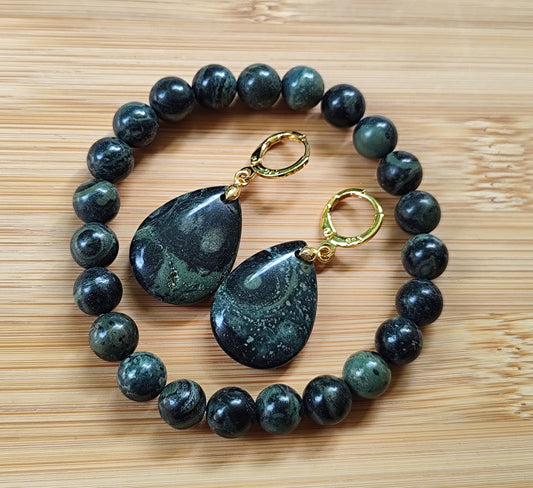 2er Set Naturstein Edelstein Kambaba Jaspis Armband + Ohrringe 18K vergoldet Nr.84