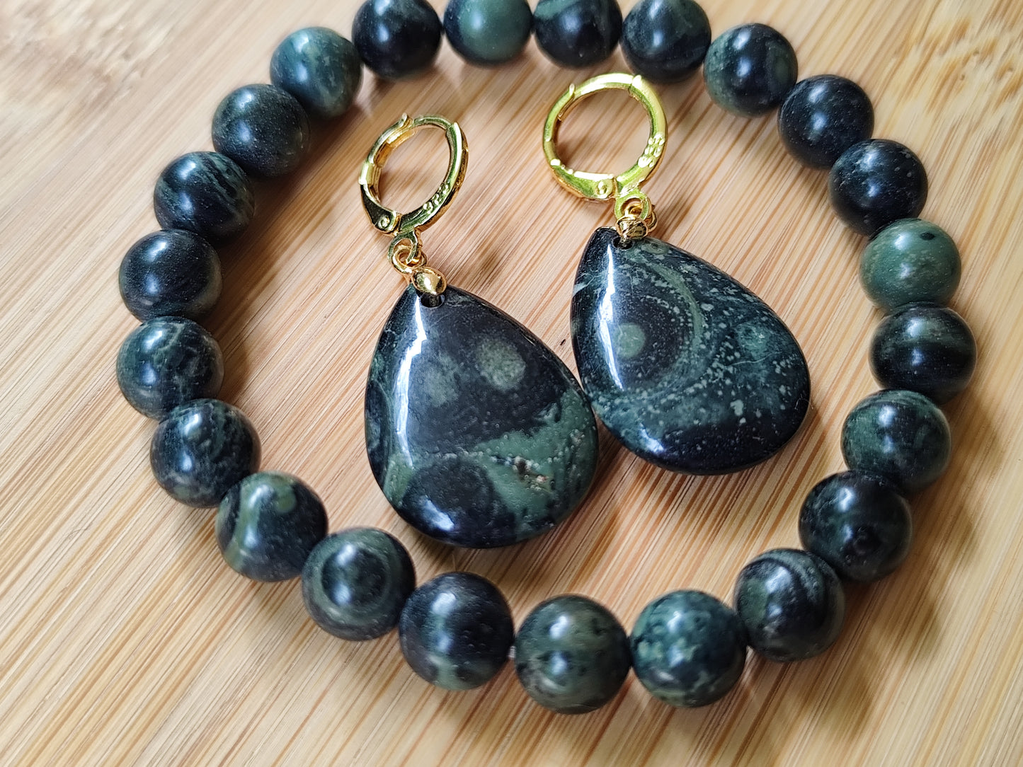 2er Set Naturstein Edelstein Kambaba Jaspis Armband + Ohrringe 18K vergoldet Nr.84