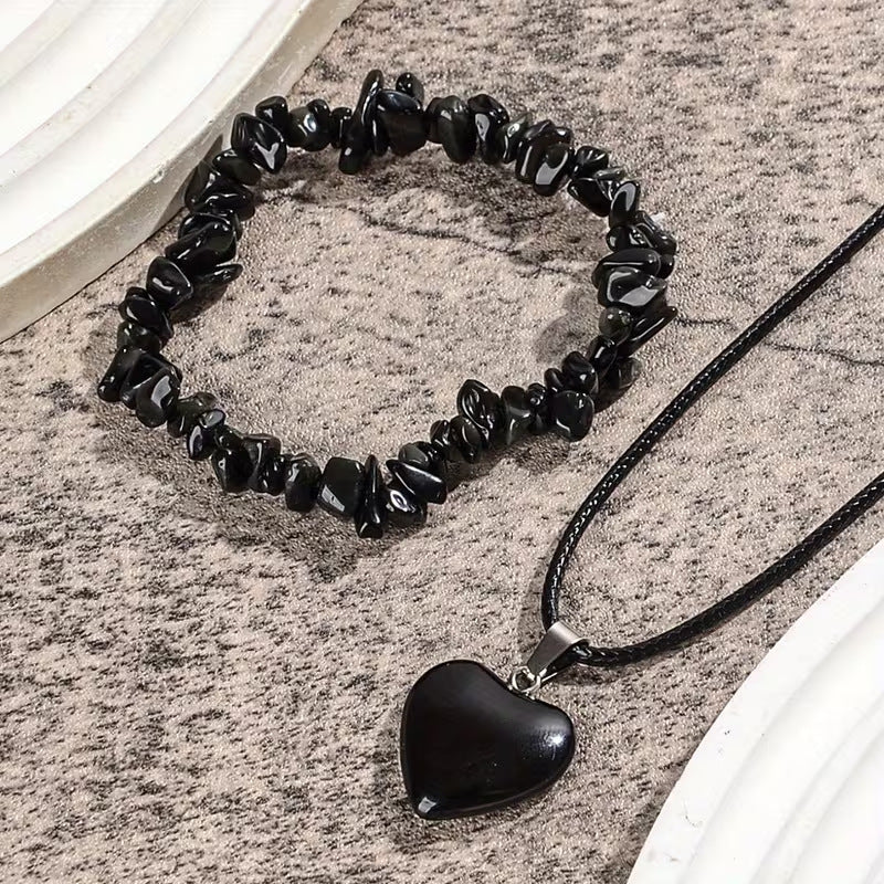 2er Set Naturstein Obsidian Splitter Armband und Anhänger inkl.Kordel Nr.85