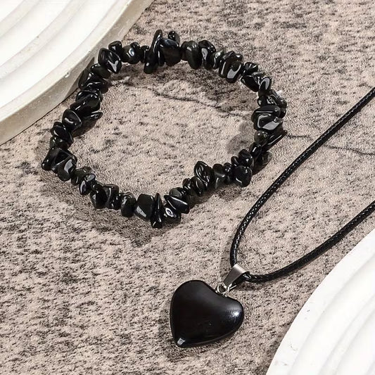 2er Set Naturstein Obsidian Splitter Armband und Anhänger inkl.Kordel Nr.3