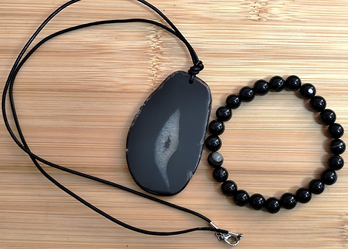 2er Set Naturstein Edelstein Achat Armband und Anhänger inkl.Lederkette Nr.96
