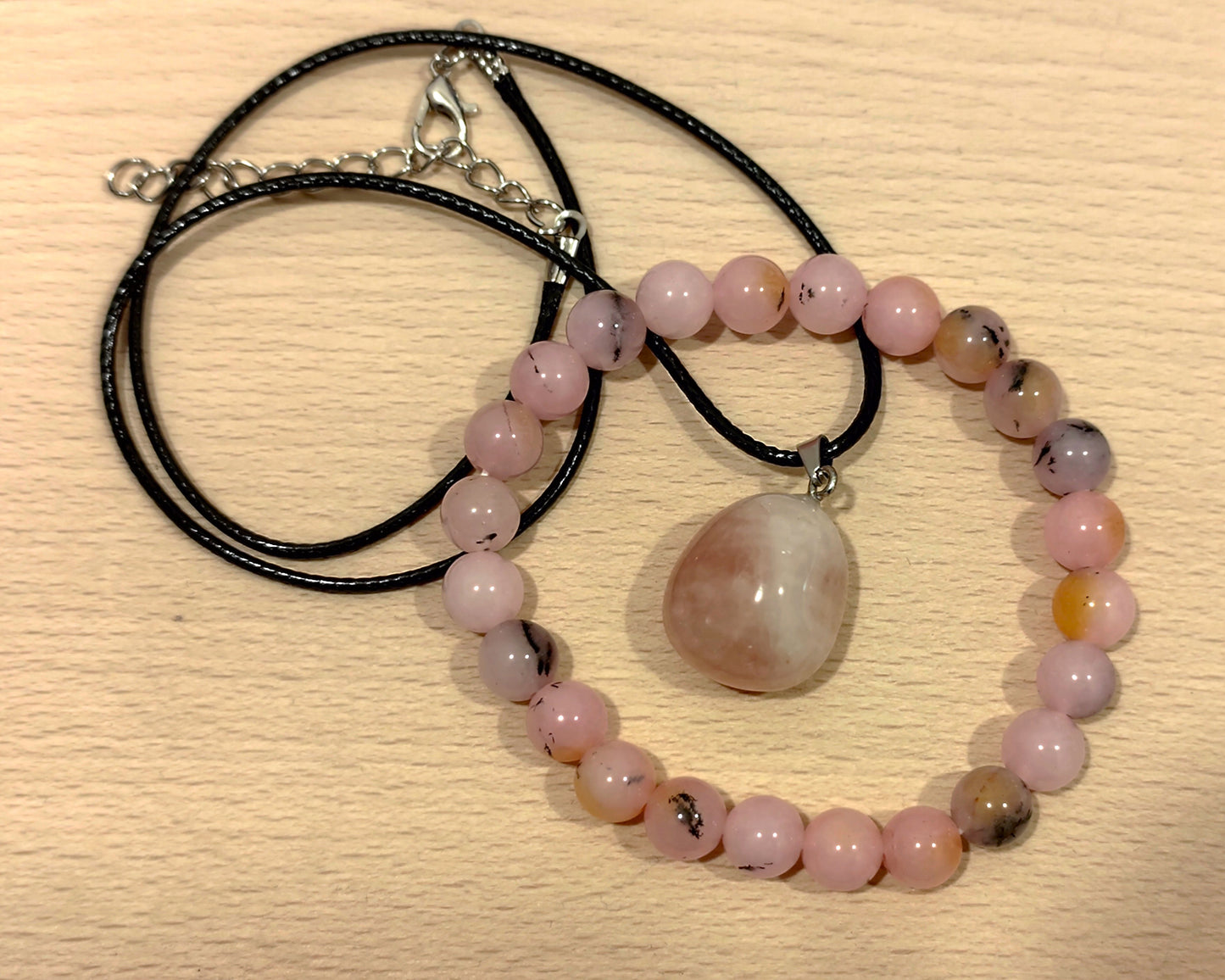 2er Set Naturstein Edelstein Opal Armband Rosenquarz + Anhänger inkl.Kordel Nr.9