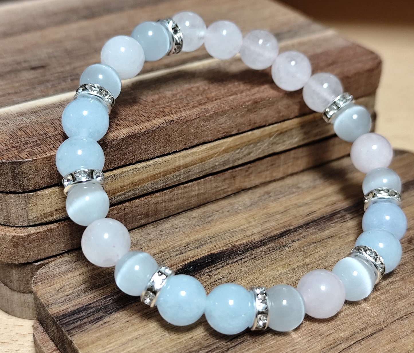 8 mm Naturstein Edelstein Aquamarin rosa Quarz Katzenauge Perlen Armband Strass