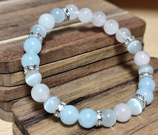 8 mm Naturstein Edelstein Aquamarin rosa Quarz Katzenauge Perlen Armband Strass