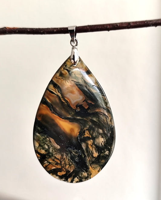 49 x 31 mm Edelstein Mossachat Tropf Anhänger 925 Silber