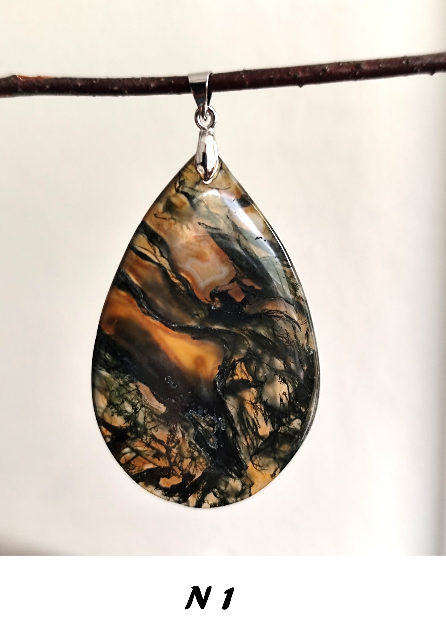 49 x 31 mm Edelstein Mossachat Tropf Anhänger 925 Silber