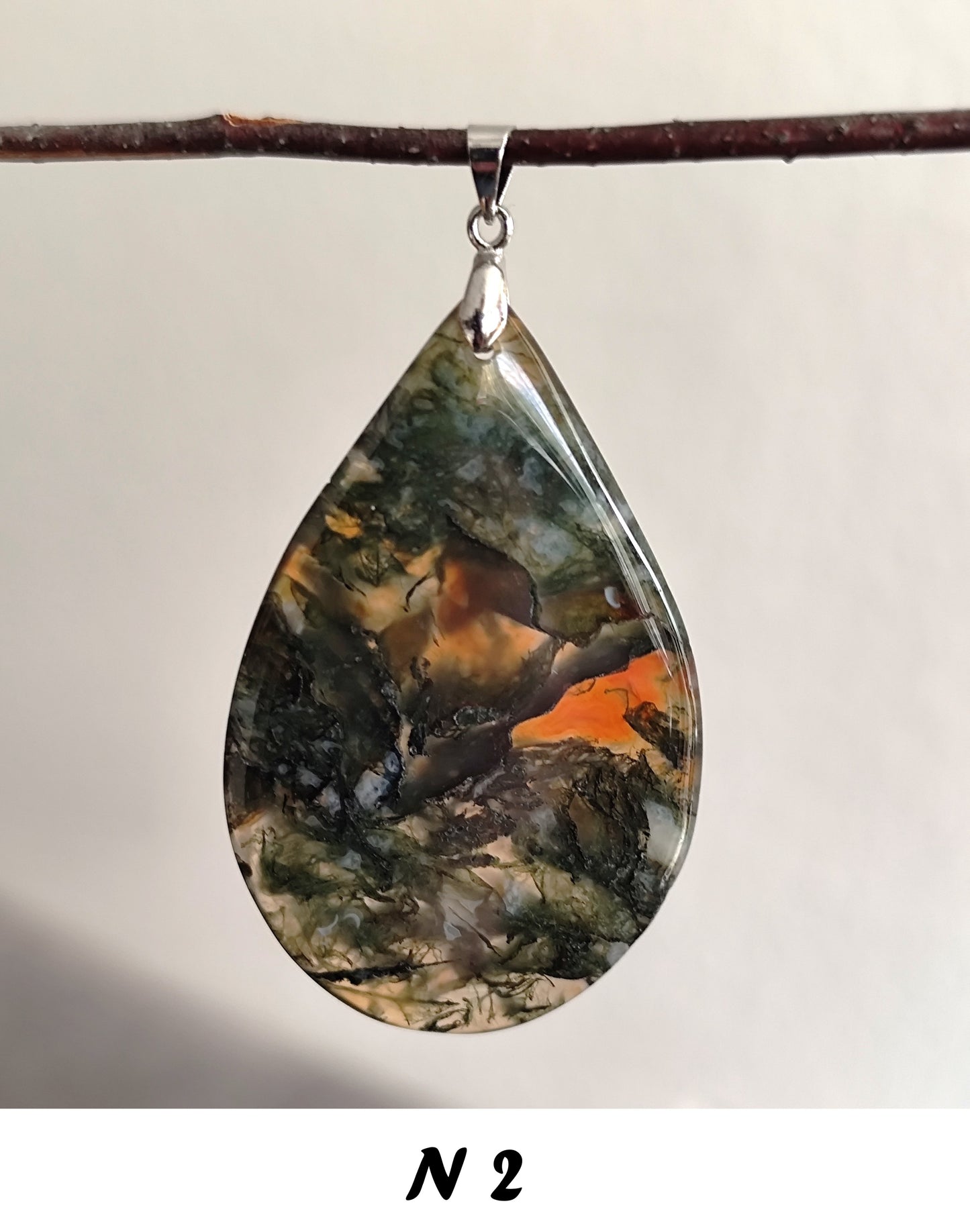 49 x 31 mm Edelstein Mossachat Tropf Anhänger 925 Silber