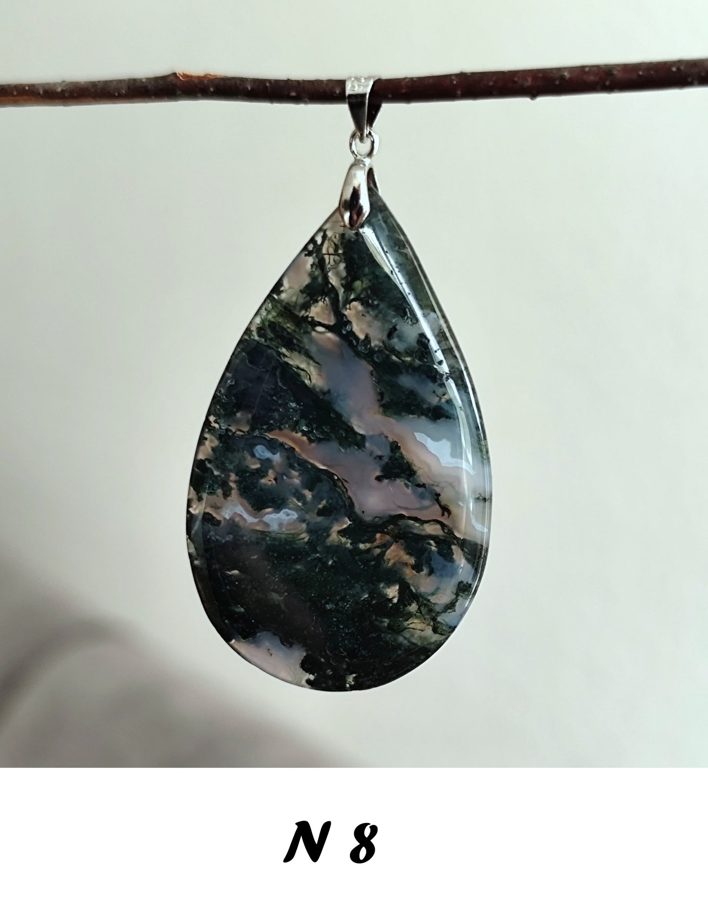 49 x 31 mm Edelstein Mossachat Tropf Anhänger 925 Silber