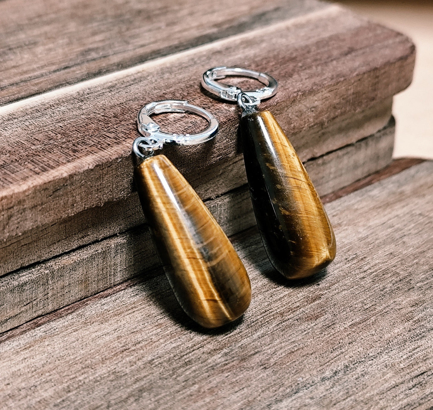 Naturstein Tigerauge Drop Ohrringe 925 Silber