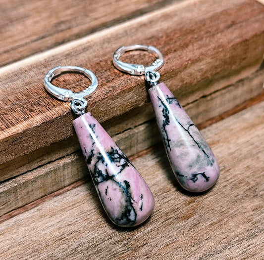 Naturstein Rhodonit Drop Ohrringe 925 Silber