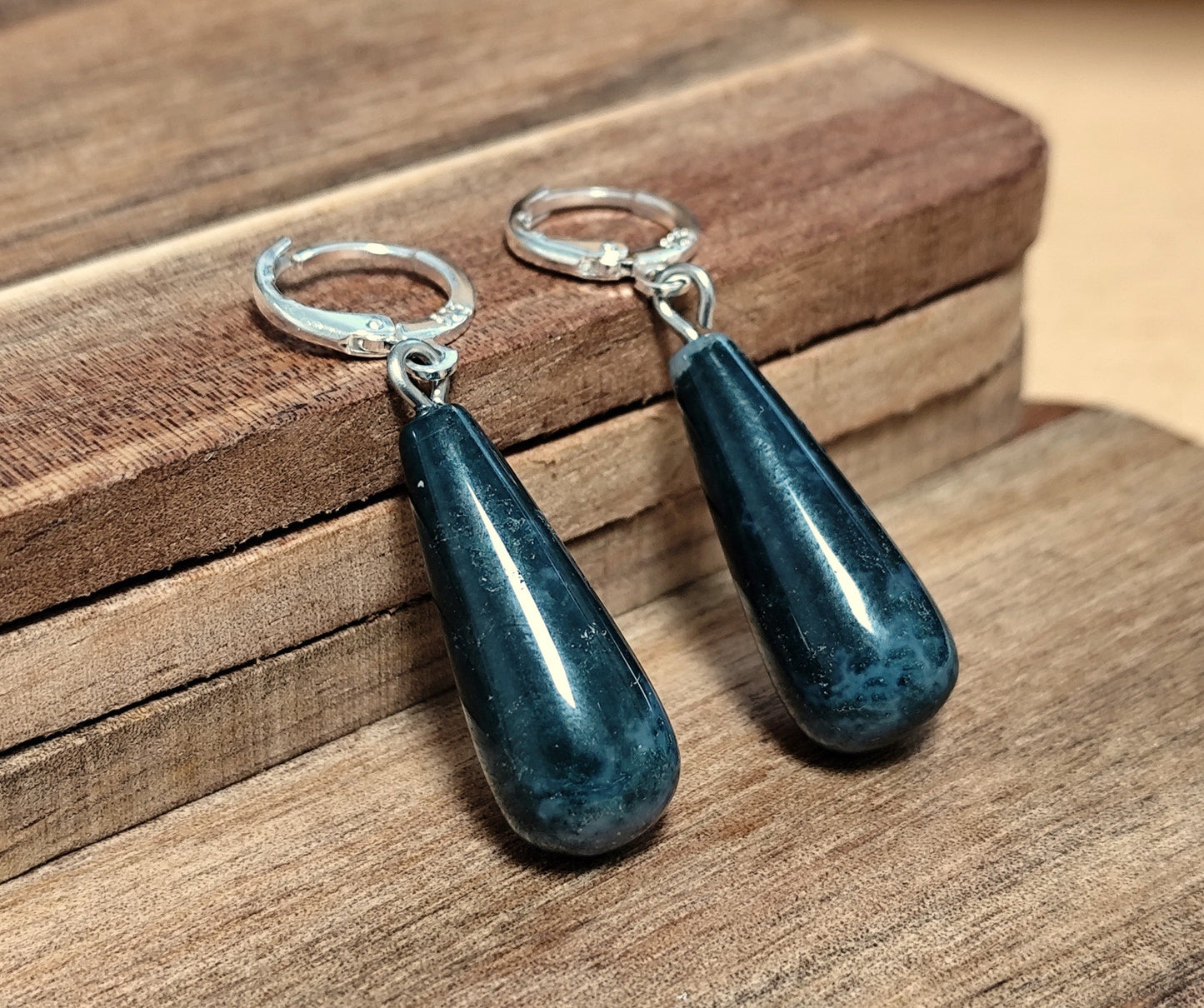 Naturstein Moosachat Drop Ohrringe 925 Silber