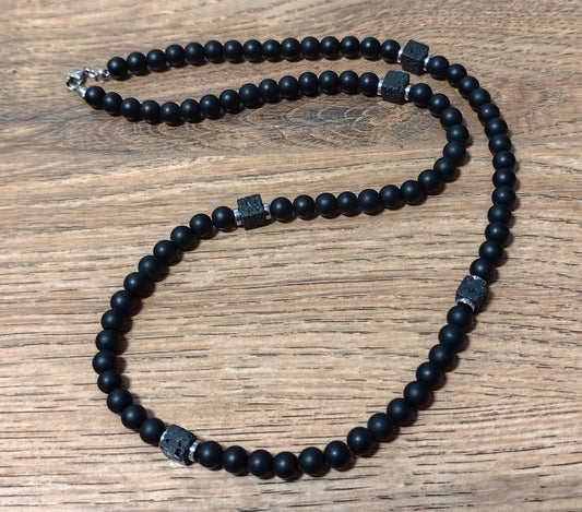 Herren 8 mm Naturstein Perlen Halskette matt Onyx / Lavastein