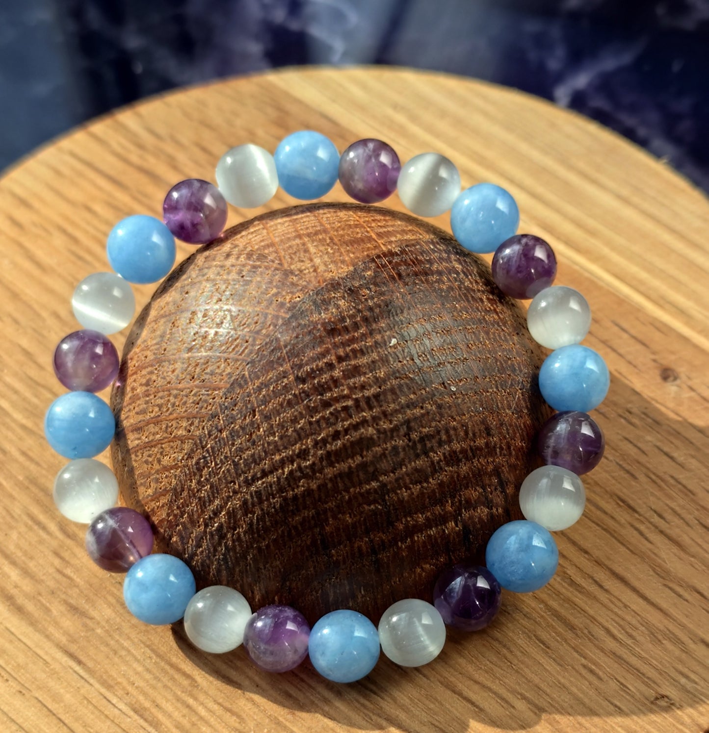 8 mm Naturstein Angelit Katzenauge(Selenit) Amethyst Perlen Armband Kugelarmband