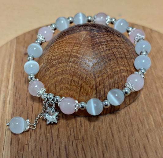 8 mm Naturstein Katzenauge (Selenit) / Rosenquarz Perlen Armband Kugelarmband