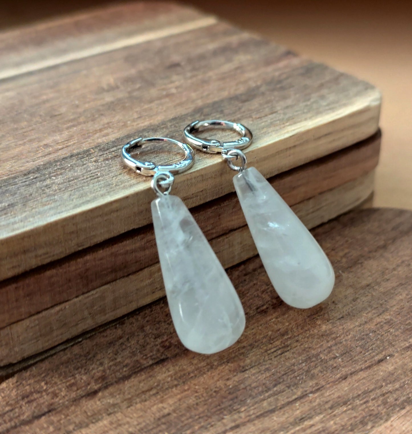 Naturstein Quarz weiss Drop Ohrringe 925 Silber