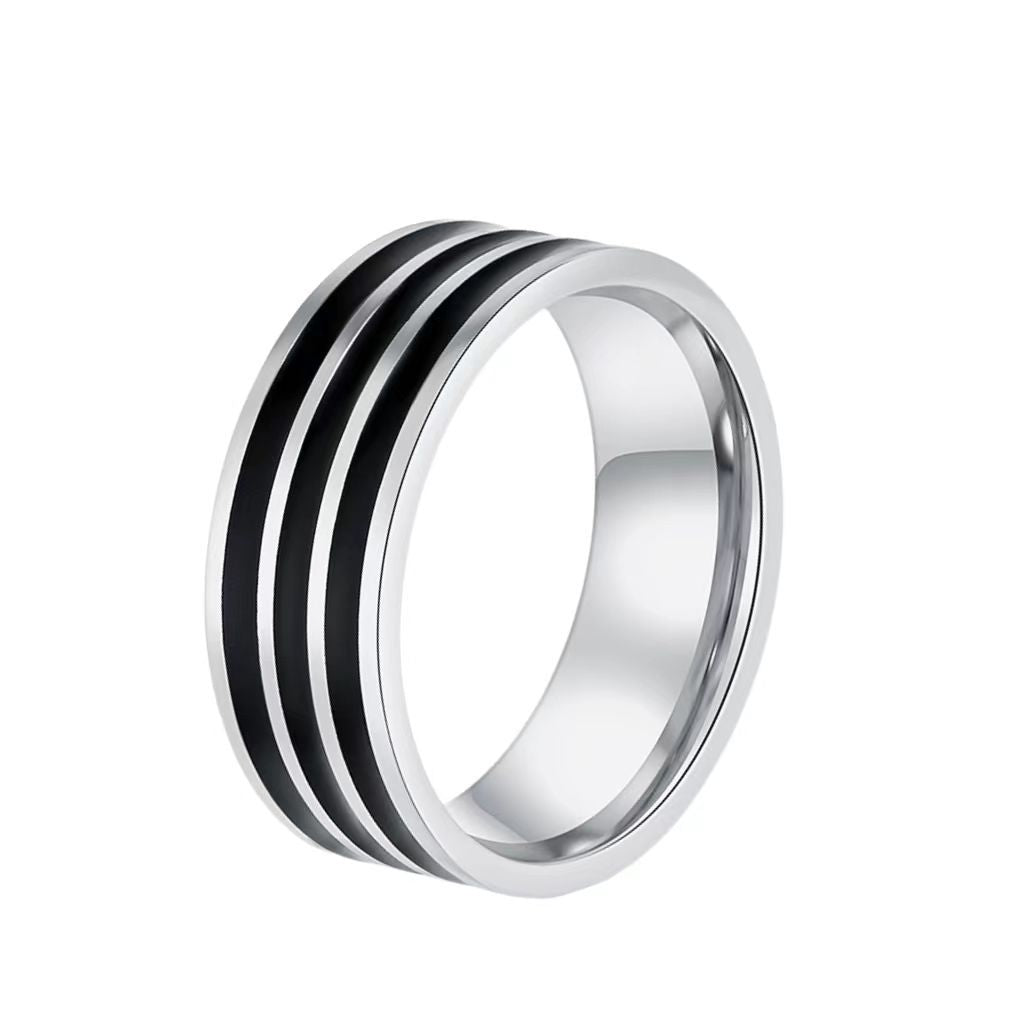 Herren Damen Partner 8 mm Ring Edelstahl Silber glänzend mit schwarzen Streifen