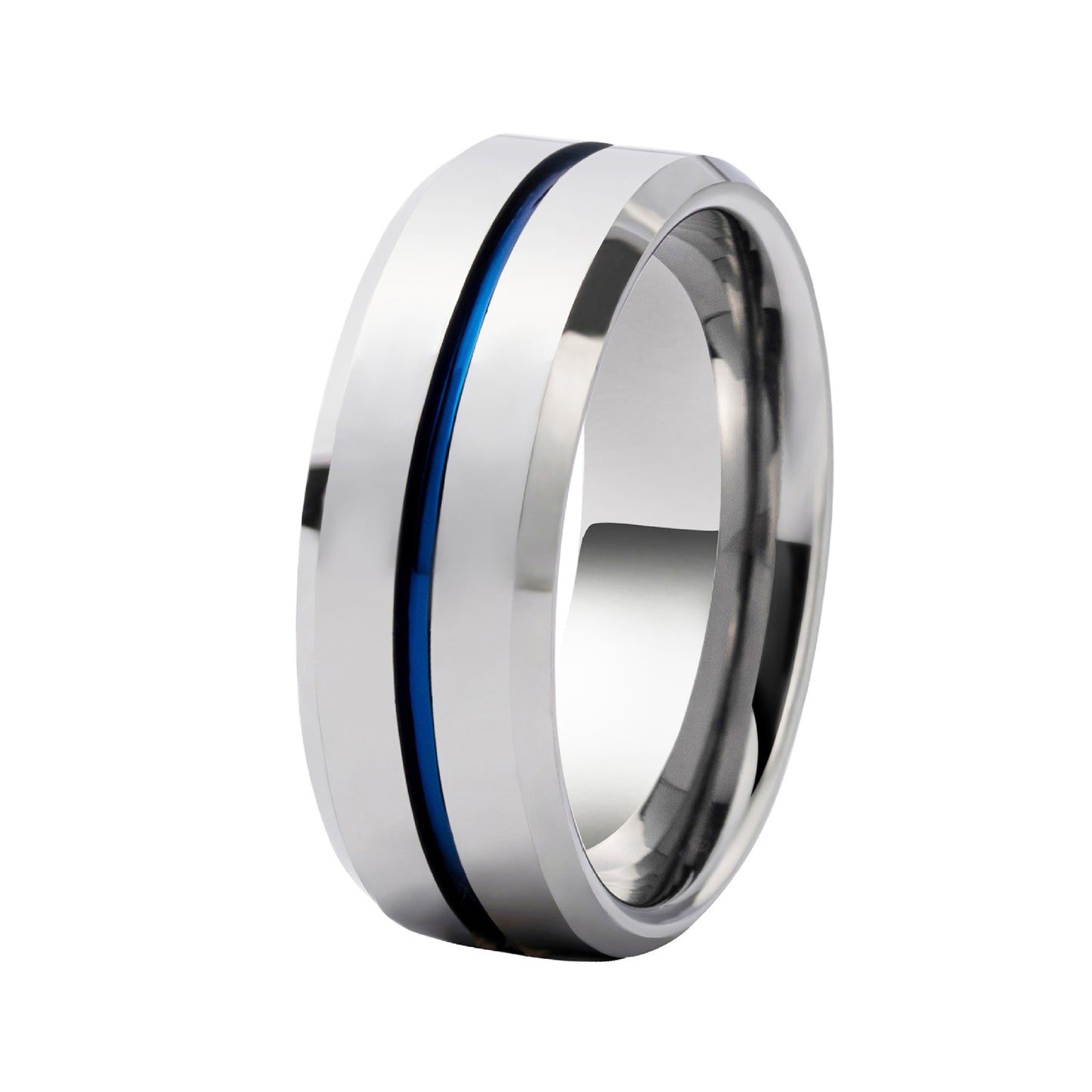 Herren Damen Partner 8 mm Ring Edelstahl Silber glänzend mit blauem Streifen