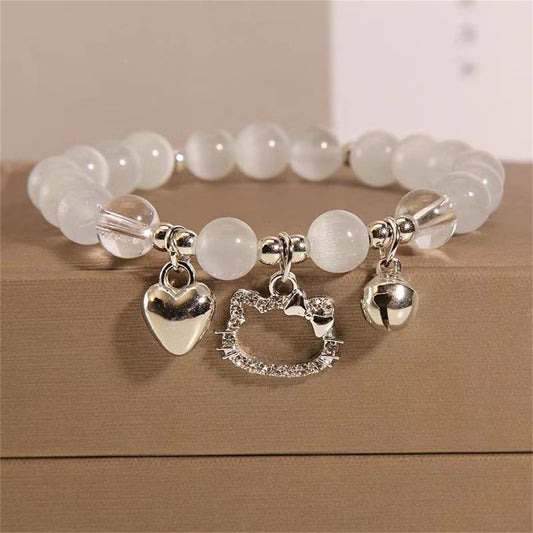8 mm Naturstein Katzenauge (Selenit) Perlen Charms Armband mit Katze