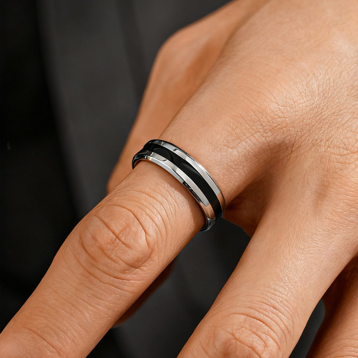 Herren Damen Partner 6 mm Ring Edelstahl Silber glänzend schwarzer Streifen