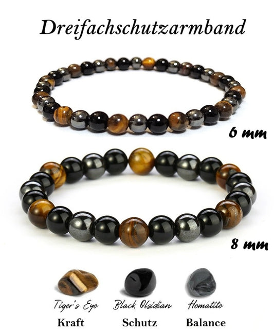 Naturstein Heilstein Armband Tigerauge Obsidian Hämatit Perlen Kugelarmband