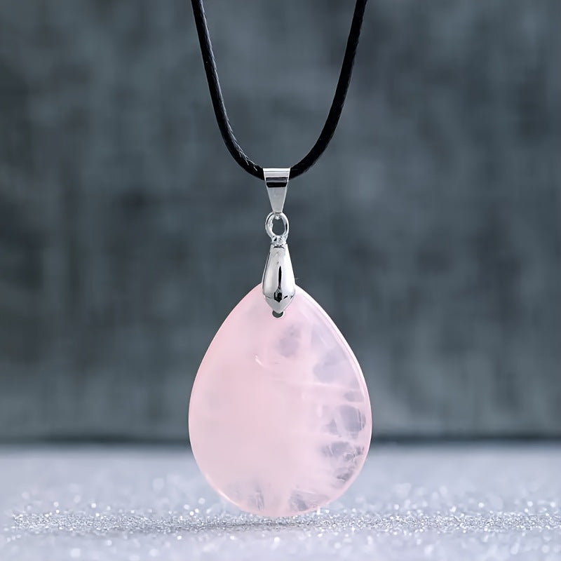 32 x 25 mm Edelstein Quarz rosa Tropf Anhänger inkl.Kette