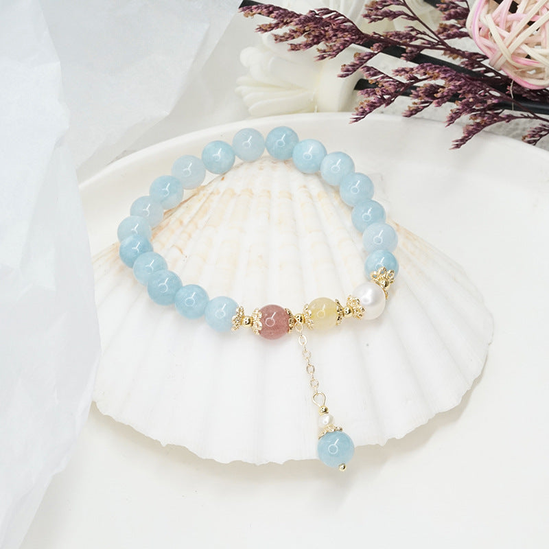 8 mm Edelstein Aquamarin mit Süsswasserperle Armband Kugelarmband