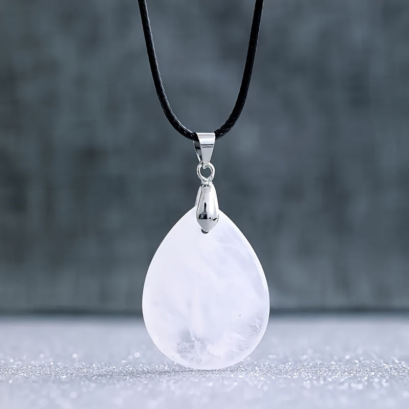 32 x 25 mm Edelstein Quarz weiss Tropf Anhänger inkl.Kette