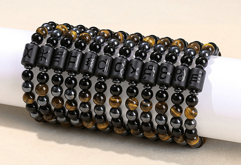8 mm Sternzeichen Horoskop Edelstein Perlen Armband Tigerauge Obsidian Hämatit