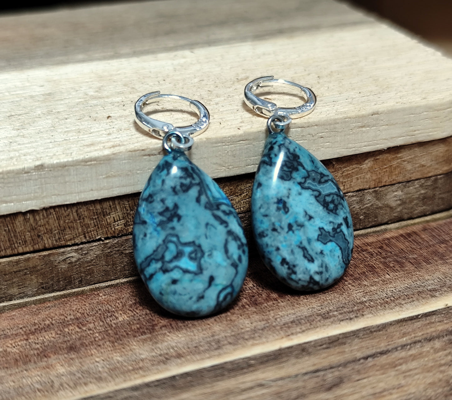 Naturstein Edelstein Crazy Achat blau Ohrringe 925 Silber