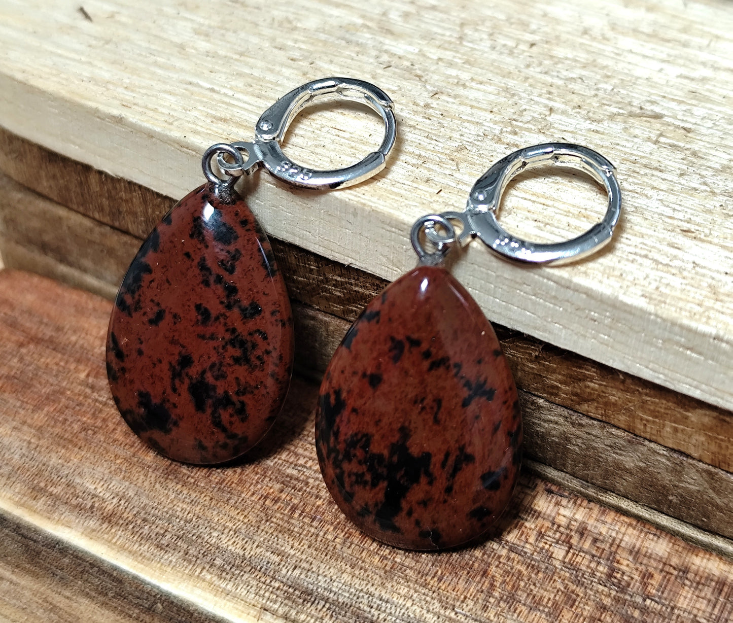 Naturstein Edelstein Mahagoni-Obsidian Ohrringe 925 Silber