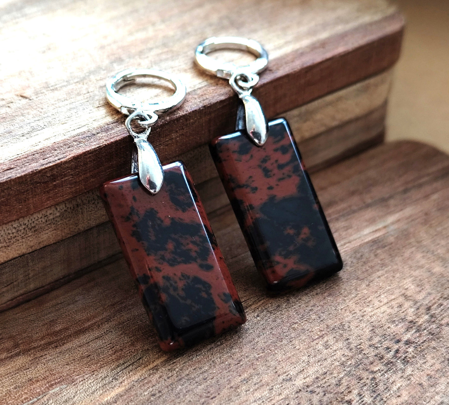 Naturstein Edelstein Mahagoni-Obsidian Ohrringe 925 Silber