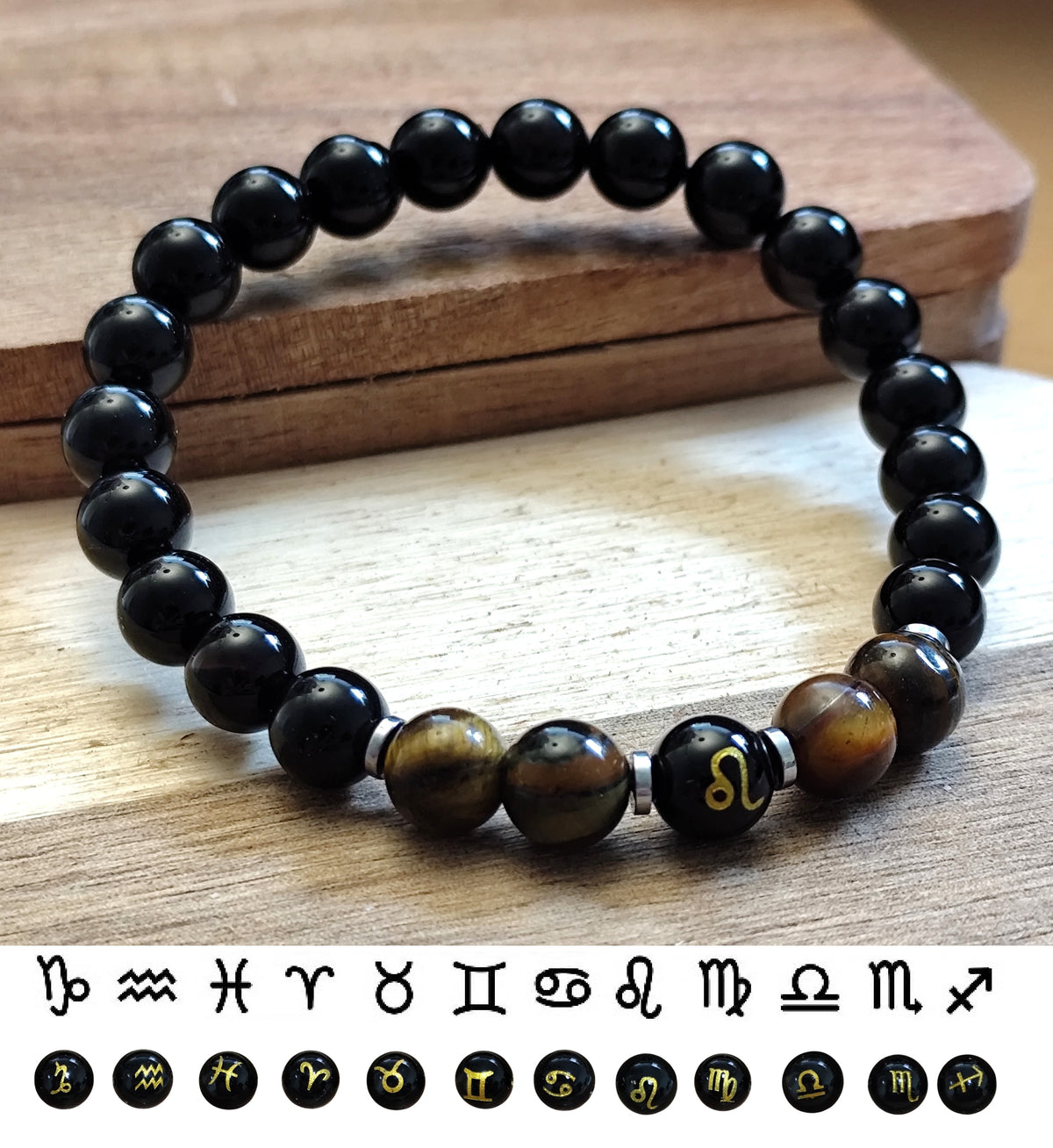 8 mm Sternzeichen Horoskop Edelstein Perlen Armband Tigerauge Obsidian Hämatit
